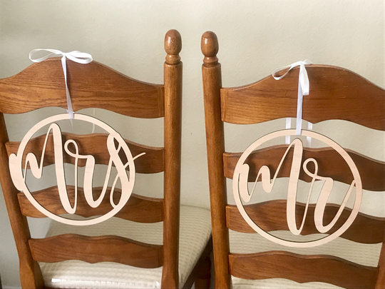 Mr & Mrs Chair Back Signs, Rustic Wedding Decor, Boho Decorations, Wood Circle Bride Groom Hanger, Wooden Reception Gold