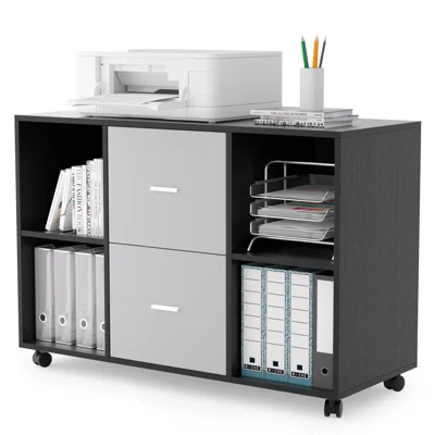 Mobile Wood Filing Cabinet With 2 Drawers And 4 Open Storage Cabinets And Wheels For Home Office