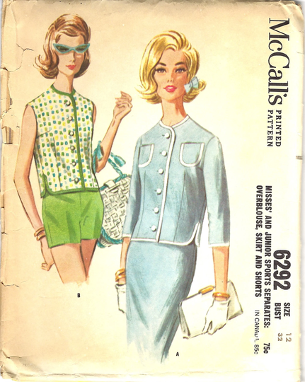 1960S Skirt, Top & Short Shorts, Mccalls 6292 Pencil Skirt Vintage Sewing Pattern, Chic Suit, Size 12 Bust 32