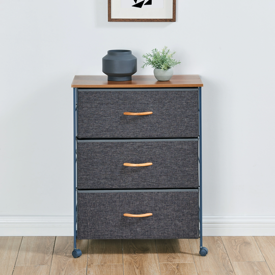 Danya B. Fabric 3-Drawer Storage Dresser Chest with Steel Frame and Caster Wheels