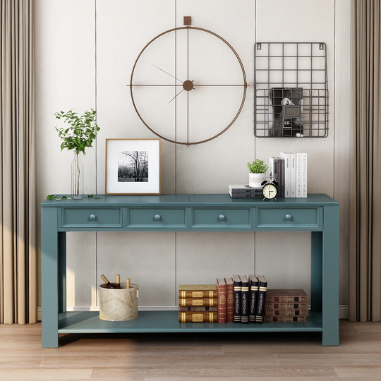 Solid Wood Console Table for Entryway Hallway Sofa Table with Four Storage Drawers and Bottom Shelf