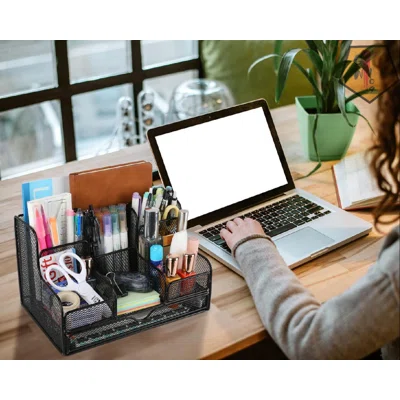 Desk Organizer With Drawer, Metal Stationery Organizer Pencil Holder For Office School Home, Classified Storage Mesh Desktop Organizer With 8 Compartm