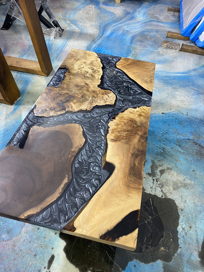 Epoxy Table, Dining Walnut River Custom 50" X 25" Metallic Gray Table Order For Gram