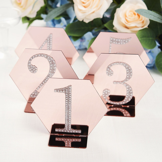 5" Blush/Rose Gold Wedding Table Sign Holders, Hexagon Acrylic Number Stands, Geometric Decor, Modern - 5 Pack