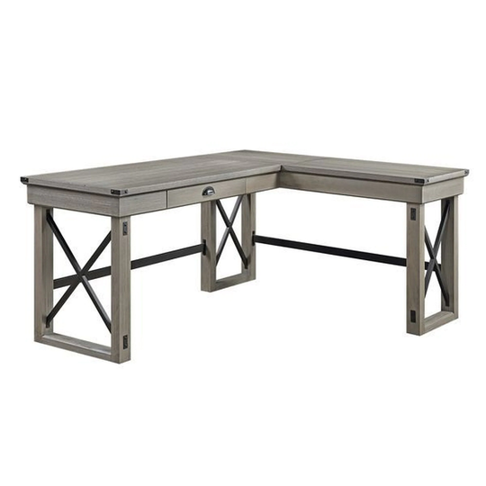 L Shaped Writing Desk with 1 Drawer and Sled Base, Oak Gray