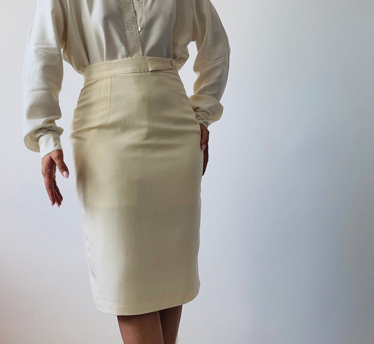 Vintage Cream Pencil Skirt, Office Midi Form Fitted Skirt