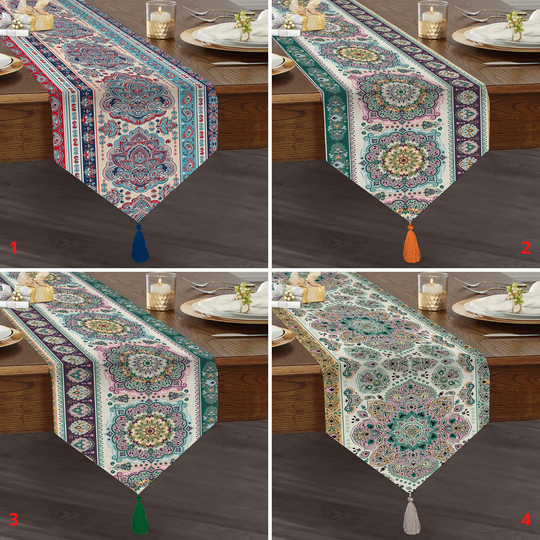 Ethnic Triangle Table Runner, Tile Style Top, Mandala Tablecloth, Tasseled Authentic Kitchen Bohemian Deco, Gift For Mom