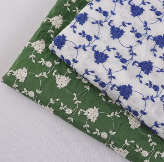2 Color Green/Off-White Color Cotton Fabric With Embroidered Flower, Skirt Fabric, For Summer Dress, Wholesale