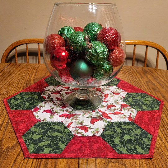 Winter Cardinals Hexagon Handmade Table Topper, Christmas 18 X 20.5 In. Centerpiece, Quilted N Embroidered, Reds & Greens, Holly Leaves