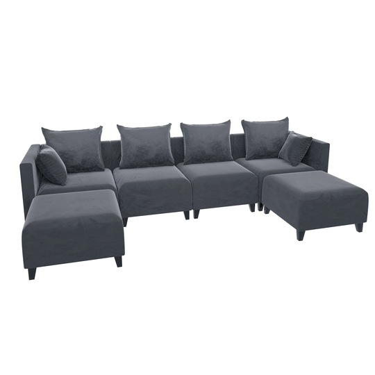 EYIW U shape Velvet Sectional Sofa with Square Arm Sofa and 6 Pillows for Living Room, Grey
