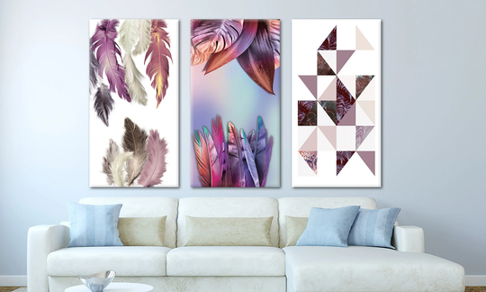Colorful Feathers, Purple Color, Transitional Colors, Tree Leaves, Modern, Triangles, 3D Background, Canvas Design, Wall Decor, Abstract Art