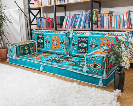 Turkuoise Arabic Sofa Floor Seating Set, Pallet Sofa, Cushions, Sectional Majilis, Ottoman Couch & Rug, Jalsa