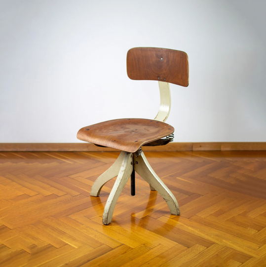 Vintage Wooden Swivel Chairs | Mid-Century Modern Office Chair 50's Adjustable Desk Stool Antique Industrial Factory Stol Kamnik