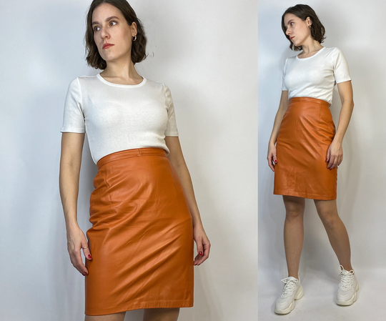 Vtg 80S Orange Leather Pencil Skirt Small, 26 Waist