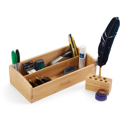 Desk Organizer 2 Tier Bamboo Desk Storage For Office Supplies, Toiletries, Crafts, Great For Desk, Vanity, Tabletop In Home Or Office Bonus: Pen Holde