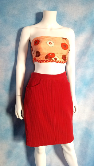Vintage 90S Does 70S Cherry Red Wide Wale Soft Corduroy Cotton Knee Length Pencil Skirt/ Jeanne Pierre Collection/ Size 8 | 27" Waist