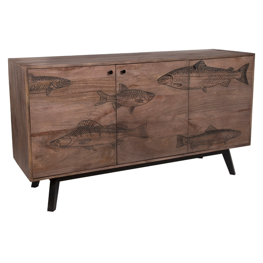 Porter Designs Fish Transitional Solid Wood 3-Door Sideboard, Gray