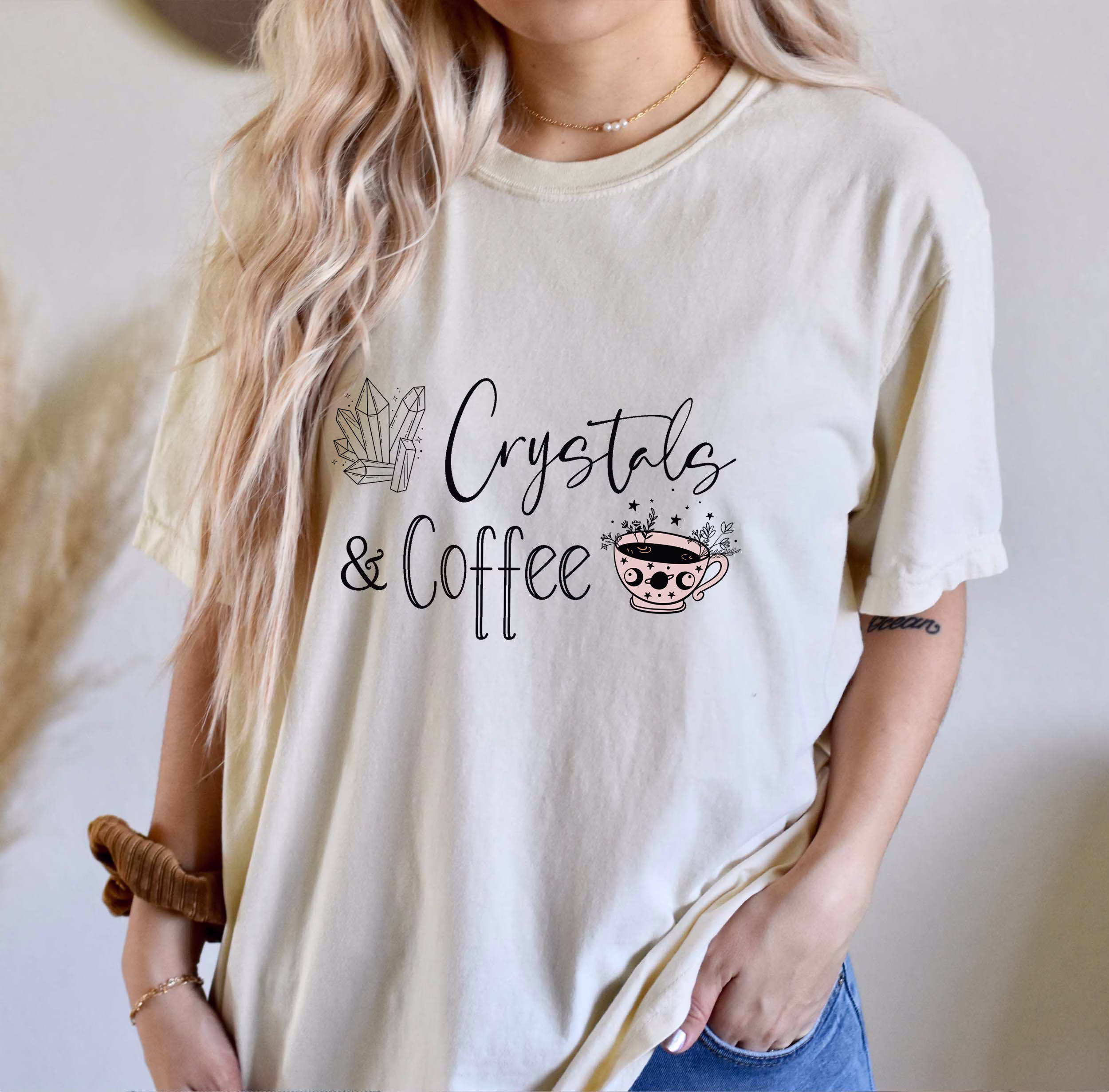 Comfort Colors Boho Shirt, Crystals & Coffee Top, T-Shirt, Comfy Oversized Moon