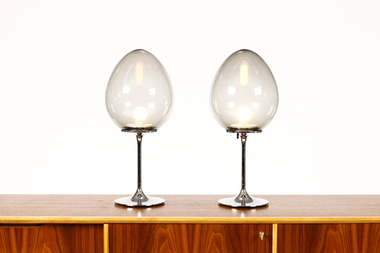 Mid Century Vintage Stemlite Table Lamps Bill Curry For Design Line Chrome + Smoked Glass Pair