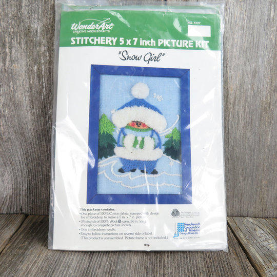 Vintage Snow Girl Crewel Embroidery Kit Wonder Art Stitchery Craft Wool Winter Needlecraft Corp