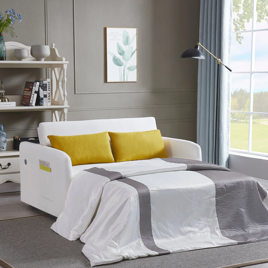 55" Sleeper Sofa Bed with 2 Pillows & Side Pockets, Convertible Loveseat with Pull Out Bed, Adjustable Backrest & USB Ports