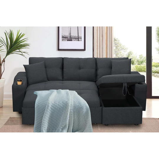 Sectional sofa with plastic legs and two storage pockets