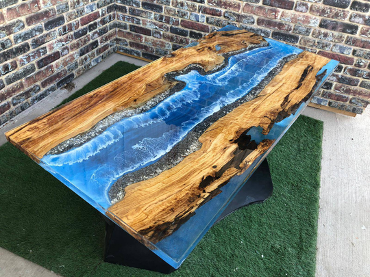 Ocean Epoxy Table, Dining Room Smooth Edge, Ocean Resin Olive Wood Kitchen Desk, Made By Elawooodshop