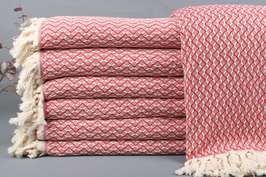 Turkish Blanket, Red Sofa Herringbone Throw, 91x95 Inches Cover, Oversize Bedcover, Bedspread, Decorative