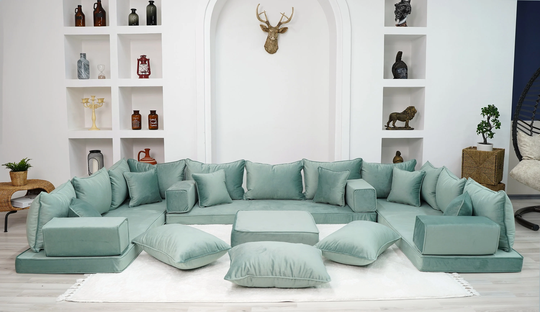 Velvet Water Green Color U Shaped Floor Seating, Velvet Couch, Moroccan Home Decor Furniture, Sectional Sofa, Luxury Couches