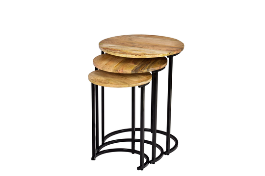 Round Nesting Set Of 3 End Table| Walnut & Black Powder Coat Metal| Solid Wood| Pickle Gray| Iron| Black| Natural| Metal Legs| 18x18x24 Inch