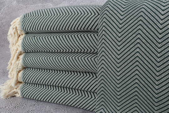 Sofa Blanket, Large Towel, Chevron Throw, 79x91 Inches Bed Cover, Dark Green Picnic Couch Gift Organic Bedspread