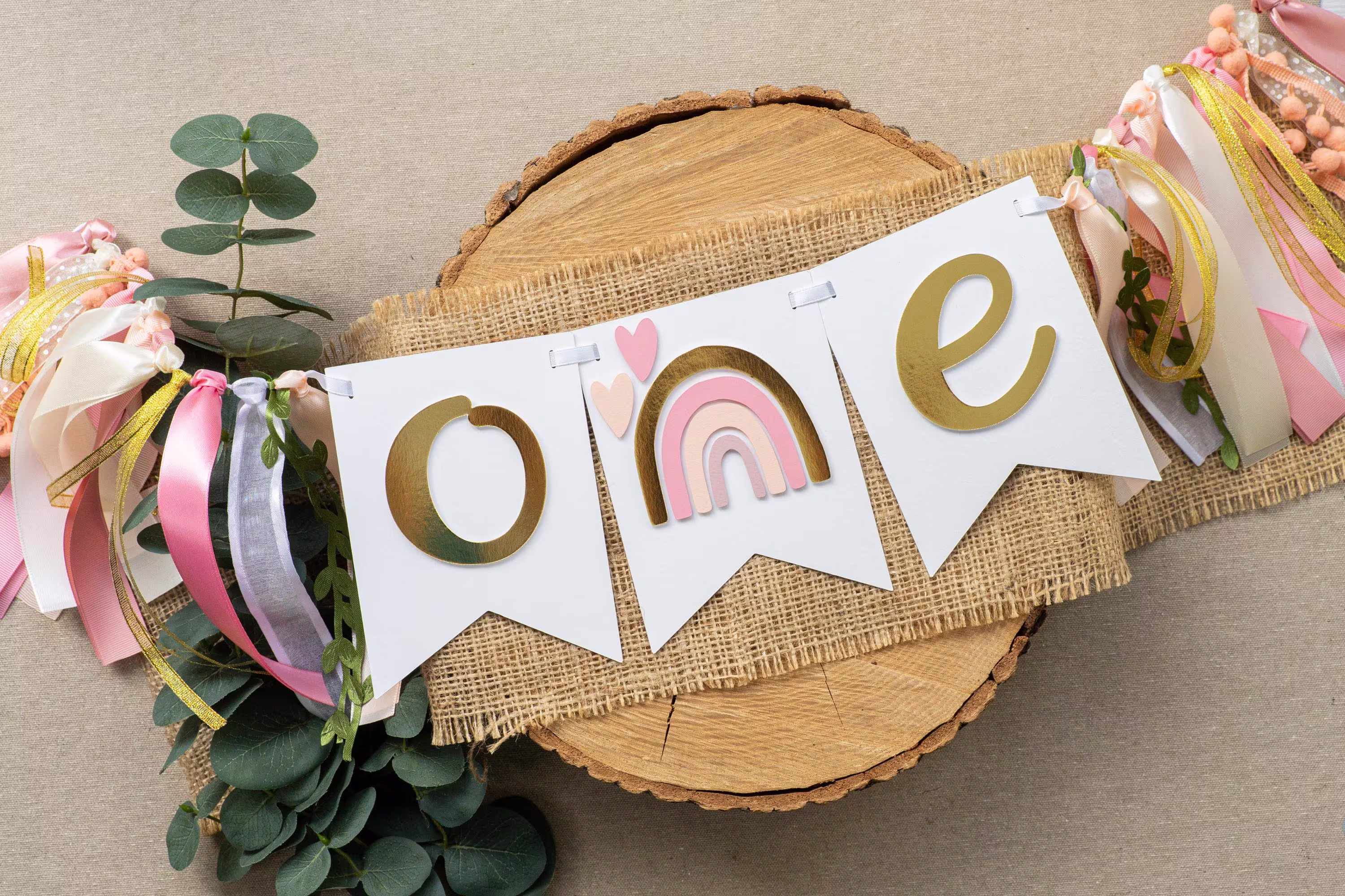 Muted Boho Rainbow Birthday High Chair Banner With One Baby Girl 1st Party Decorations Gold Rose Blush Pink Mauve Decor