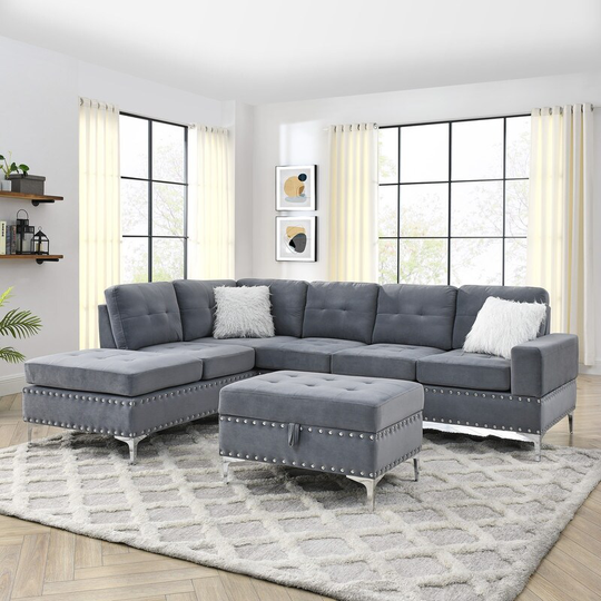 3-Seaters Sofa with Reversible Chaise,Two White Villose Pillows