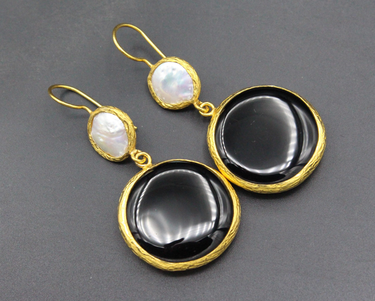 Turkmen Earrings, Gold Color Colorful Cat Eye Glass Beads Dangle Round Shape Alpaka #e05