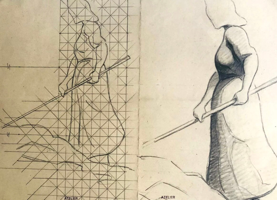 1920S French Master Emile Contrault | 1878 - 1945 Pencil On Paper. Study Of Peasant Working in The Fields