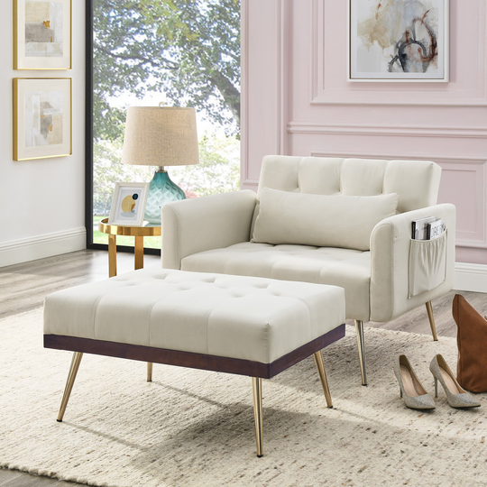 Recline Sofa Chair with Ottoman, 2 Arm Pocket and Wood Frame, Velvet Accent Chair with 1 Pillow for Small Room, Dorms, Office