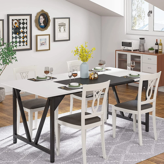 White Dinner Table for 6, Large Rectangle Kitchen Table with Splice Board, Heavy-Duty Metal Dinner Table