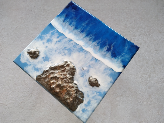 Unique Ocean Wave Resin Art Coffee Table, Beach Design, Modern Natural Wood Side Sofa End Table, Living Room, Bedroom Bedside Table