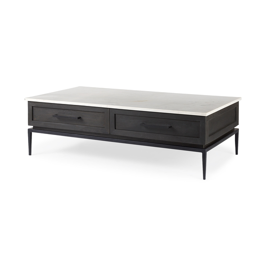 Divina Dark Brown Solid Wood w/ White Marble Top & Black Iron Frame Side Table