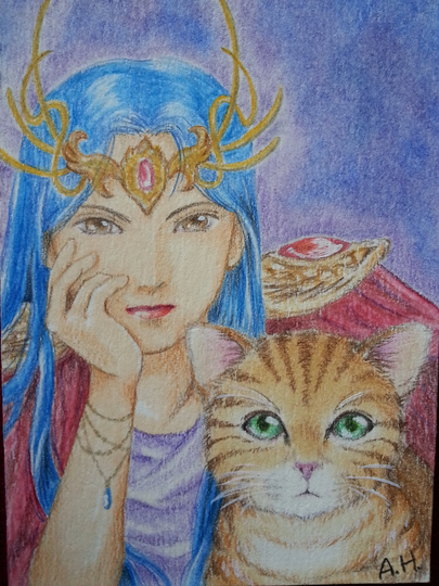 Original Aceo, One-Of-A-Kind Hand-Painted Miniature, Colored Pencil, Allie Huang, Fairy Witch Elf Lady & Cat, Medieval Magic, Anime Style