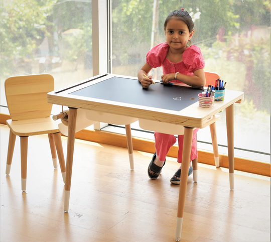 Gift For Kids, Birtday Gift, Sensory Table, Wood Activity Montessori Table & Chair Set, Chalk Board Whiteboard, Play
