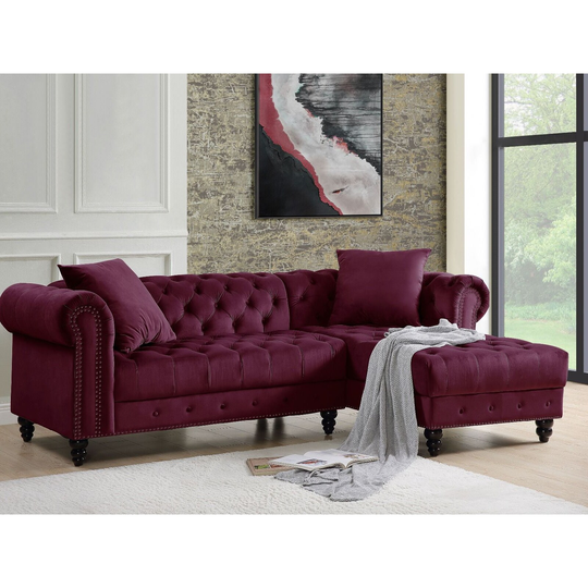 L-Shaped Traditional Wood Legs Red Velvet Sectional Sofa