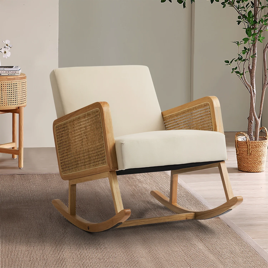 Modern Wood Frame Rattan Arms Rocking Chair Living Room Accent Chair Padded Back & Solid Wooden Arms Lounge Chair