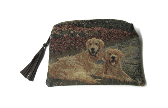 Large Zippered Tapestry Pouch Brown Leather Pencil Case Organizer Beautiful Golden Retriever Dog Dogs
