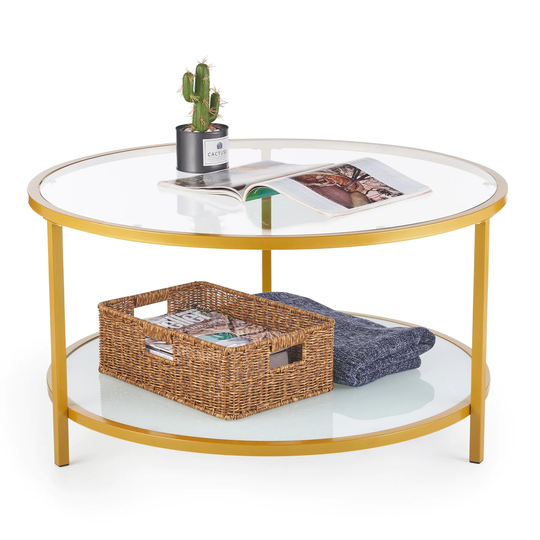 Glass Coffee Table with Storage Shelf 34" Sofa Side Table with Metal Frame Gold