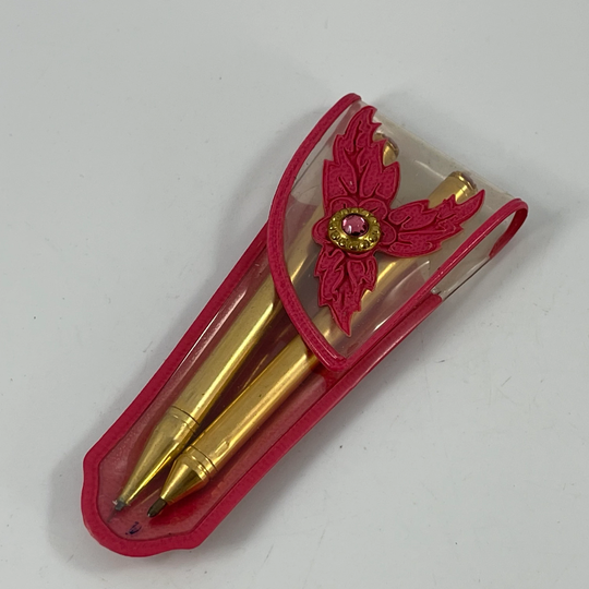 Vintage Goldtone Pen & Pencil Set in Pink & Clear Plastic Case With Stone Snap Closure
