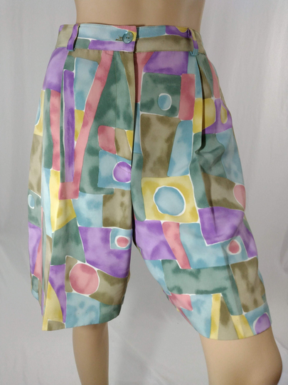 80's Women's Shorts Pastel Colorful Colorblock Abstract Geo Graphic High Waist Pleats Pockets Like New Vintage By Natty USA Size 8