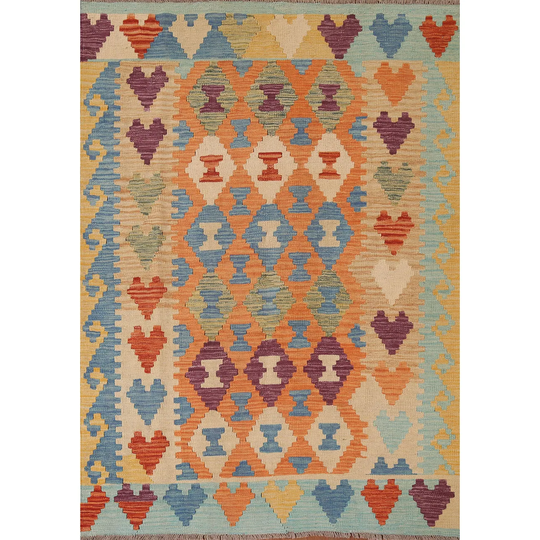 Geometric Kilim Area Rug Oriental Flat-weave Multi-Color Wool Carpet - 4'10" x 6'5"