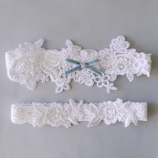 Something Blue Wedding Garter, White Beaded Lace Garter Set, Bridal Garter, Wedding Set, White