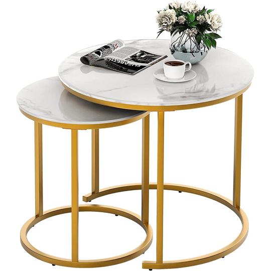 Round Coffee Table Set of 2, Modern Accent Marble Texture Coffee Tables for Living Room